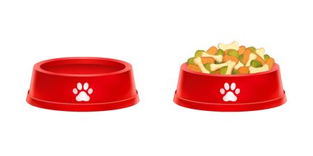 Dry dog food in bowl, Empty cat plate isolated on white backgroundのイラスト素材