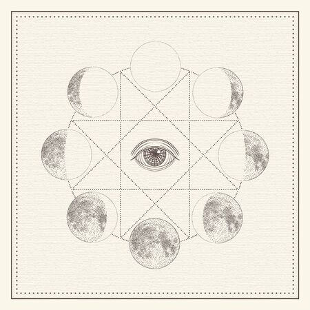Phases of the moon with all-seeing eye and sacred geometry. Monochrome hand drawn illustrationのイラスト素材