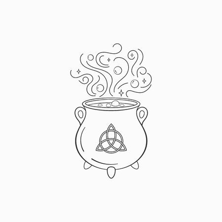 Witch cauldron with bubbling liquid. Magic symbol cauldron , monochrome vector illustration, isolated on white backgroundのイラスト素材