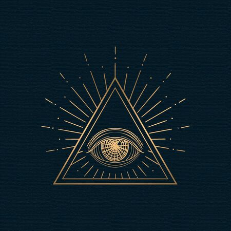 All seeing eye vector, illuminati symbol in triangle with light ray, tattoo design isolated on white...