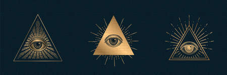 All seeing eye vector, illuminati symbol in triangle with light ray, tattoo design isolated on black...