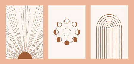 Boho sun, moon, rainbow set, minimalist mid century modern artのイラスト素材