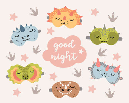 Dino sleep masks set. Cute dinosaur eye mask, vector set illustrationのイラスト素材