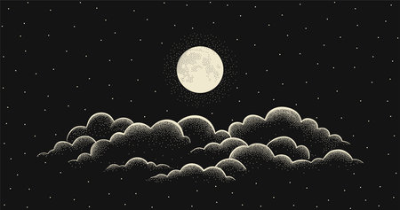 Night starry sky with full moon and cloud. Vector background with cloudy sky, moonlightのイラスト素材
