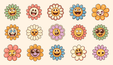 Retro flower groovy sticker, vector cute cartoon character with smiley face, funny hippy daisy flowerのイラスト素材