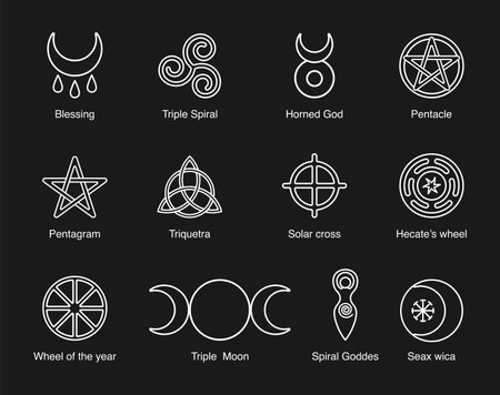 Wiccan and pagan symbols pentagram, triple moon, horned god, triskelion, solar cross, spiral, wheel of the year. Vector stock clipartのイラスト素材
