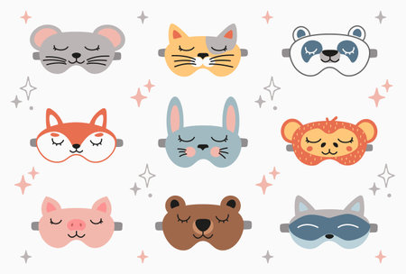 Animal sleep mask set, stock vector illustration. Panda, bunny, cat, rabbit, mouse, fox, bear, raccoon, pig sleep maskのイラスト素材