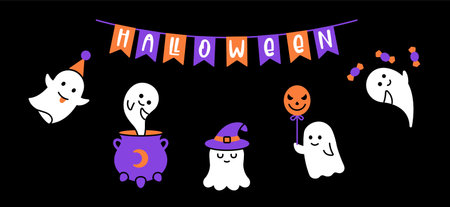 Halloween banner rwith ghost. Vector cute ghost clip artのイラスト素材