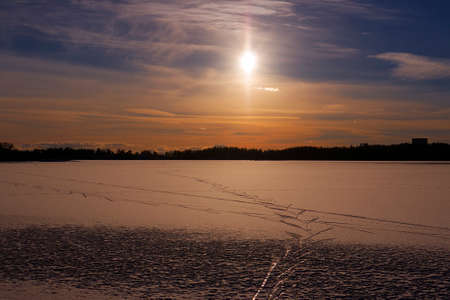 Beautiful sunset with a skier track's.の写真素材