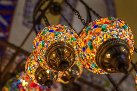 Traditional colorful lamps sold at Grand Bazaar, Istanbul, Turkey. Interior design.の写真素材