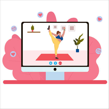 Online yoga. Plus size woman doing yoga on videoのイラスト素材