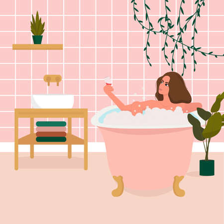 Young girl taking a bath. Bathroom