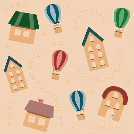 House seamless vector pattern. Cartoon houses with balloons.のイラスト素材
