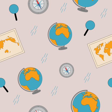 Geographic seamless pattern. Globe, magnifier compass world mapのイラスト素材