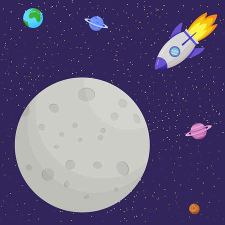 The rocket flies to the moon. Solar system, spaceのイラスト素材