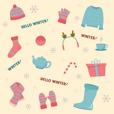 Beautiful winter clothing set, great design for any purposes. Flat vector illustration.のイラスト素材