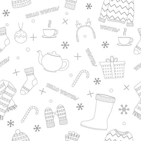 Beautiful winter clothing set, great design for any purposes. Flat vector illustration. Seamless pattern. Color bookのイラスト素材