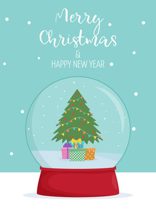 Merry Christmas and new year card. Winter wonderland scenes in a snow globe. Winter card design illustration for greetings, invitationのイラスト素材