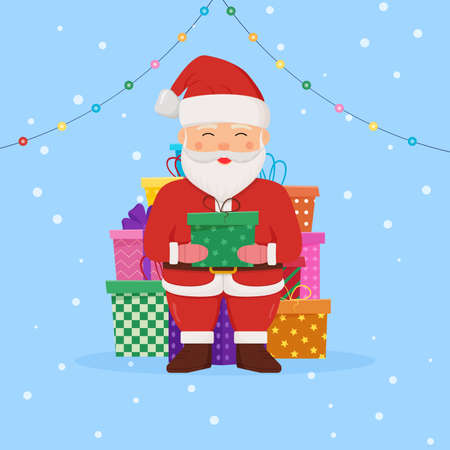Santa claus stands on a winter background with gifts in his hands. Winter card design illustration for greetings, invitation, flyer, brochure.のイラスト素材