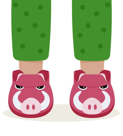 Children pajama slippers. Children feet in funny slippers. Pajama party.のイラスト素材