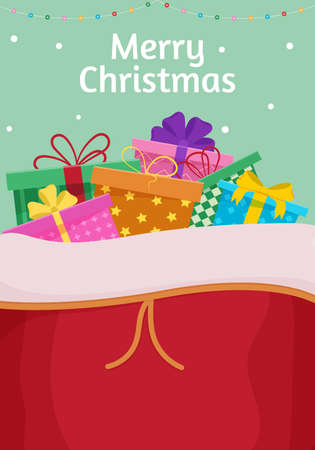 Merry Christmas card. Santa bag. Winter card design illustration for greetings, invitation, flyer, brochure. New year giftのイラスト素材