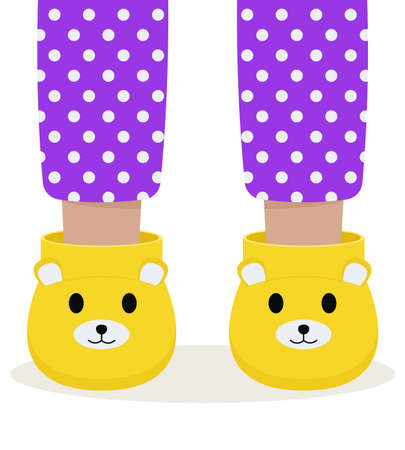 Children pajama slippers. Children feet in funny slippers. Pajama party.のイラスト素材