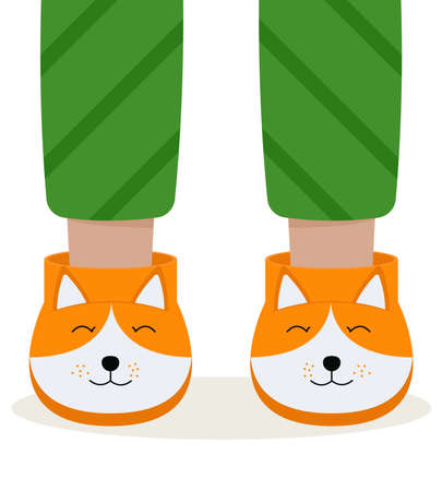 Children pajama slippers. Children feet in funny slippers. Pajama party.のイラスト素材