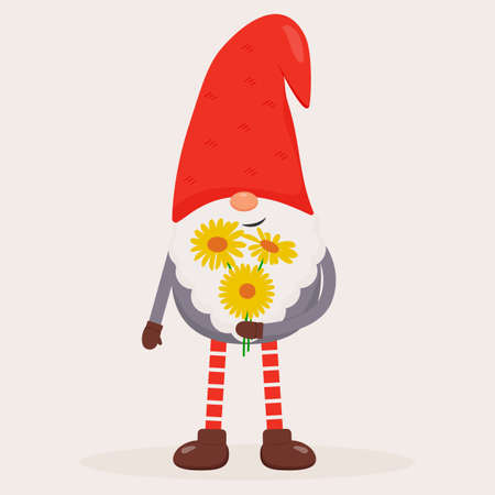 Cute Valentine gnome with flowers in his hands. Flat vector illustration for St. Valentines Day gift, card, print, decorationのイラスト素材