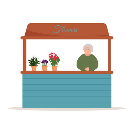 Stall Counters. Food market counter with flowers on shelves. Kiosk on white backgroundのイラスト素材