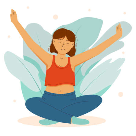 A young girl wakes up and doing yoga after early wake up.のイラスト素材