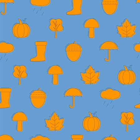 Collection of autumn objects seamless pattern. Flat vector illustrationのイラスト素材
