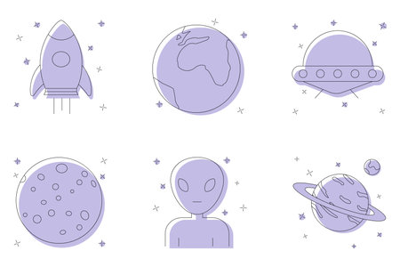 Set of space icons isolated on white background. Rocket, mars, earth, alienのイラスト素材