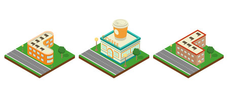 Modern isometric set buildings. Coffee shop, police, fitness center. Isometric icon or inforgraphic element. Flat vector illustration.のイラスト素材