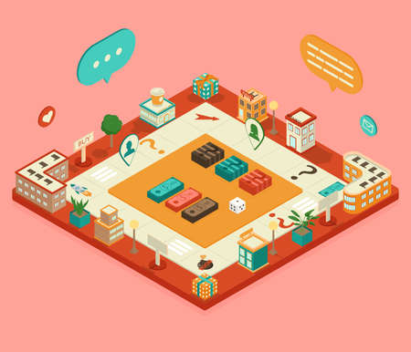 Isometric board game including buildings, a coffee shop, a fitness center, and the police. Business concept. Game with money and cardsのイラスト素材
