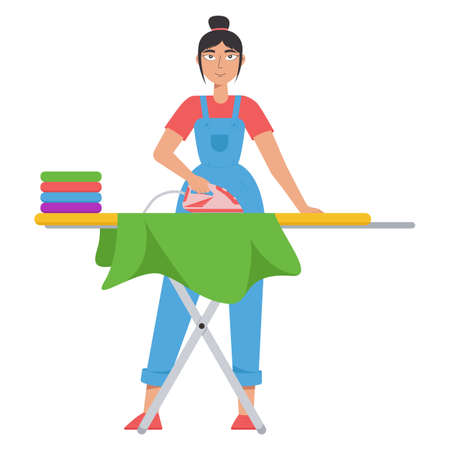 Young housekeeper, a woman ironing clothes on an ironing board. The concept of maid service. cleaning company services.のイラスト素材
