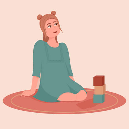 Girl sitting on floor and playing with toys. Flat Vector Illustration.のイラスト素材