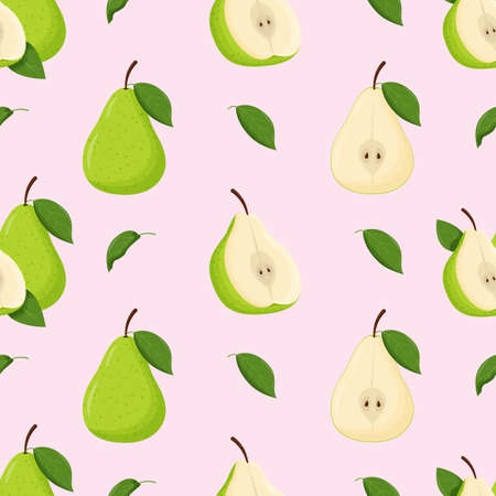 Green pears with green leaves seamless pattern. Flat vector illustration