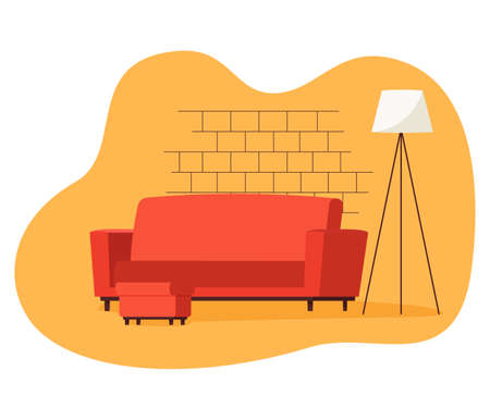 Colorful living room with sofa and footstool. Padded stool. Flat vector illustrationのイラスト素材