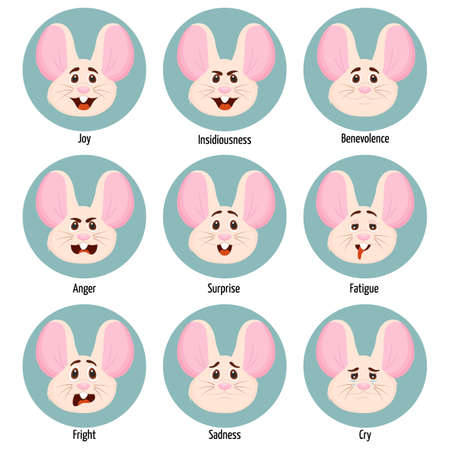 Set of different emotions of a mouse character. Facial expression. Set of mouse character feelings.のイラスト素材