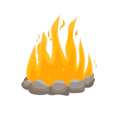 Tourist campfire. Outdoor bonfire and camping stone fireplace. Burning fire travel and adventure symbol. A tourist bonfire in the stone border. Flat vector illustration.のイラスト素材