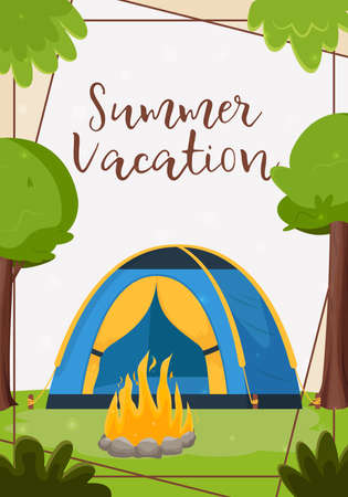 A beautiful postcard for an invitation to summer camping, hiking, journey, outdoor recreation. Flat vector illustration for poster, banner, flyerのイラスト素材