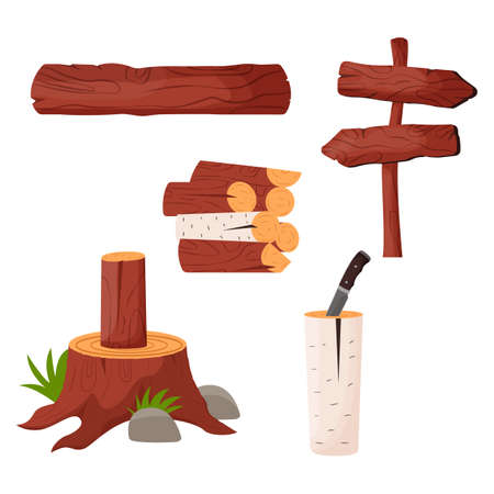 Wood log and trunk. Wooden lumber materials logs, trunk, stump, firewood, plank. Flat vector illustrationのイラスト素材