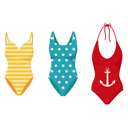 Collection of womens swimwear. Set of fashionable swimsuits. Womens swimsuits for summer vacation.のイラスト素材