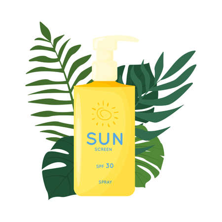 Skin care product on the ground of tropical leaves. Sun safety, UV protection spray. Tube of sunscreen product with SPF. Summer cosmetic. Flat vector illustration isolated on white background.のイラスト素材