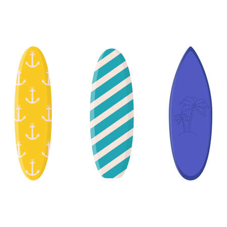 Collection of cartoon surfing boards with summer design. Summer sport leisure activity, holiday equipment. Flat vector illustrationのイラスト素材