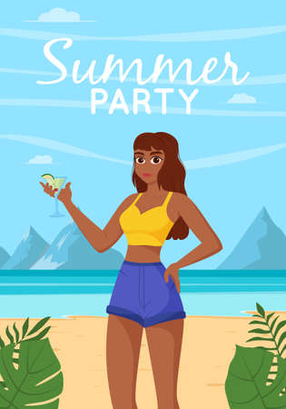 Beautiful woman drinks refreshing cocktail. Exotic tropical plants. Summer beverage and drink concept. Flat vector Illustrationのイラスト素材