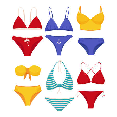 Collection of womens swimwear. Set of fashionable swimsuits or bikini tops and bottoms. Womens swimsuits for summer vacation.のイラスト素材