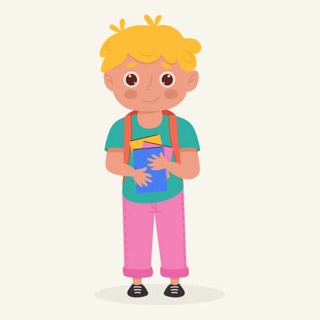 School kid with school supplies. Kid with backpack and book. colorful cartoon character. flat vector illustrationのイラスト素材