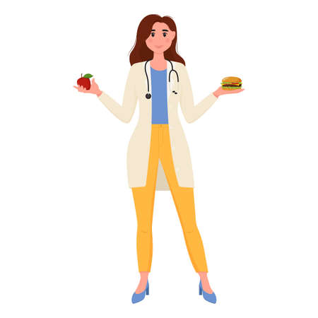 Woman doctor nutritionist. A female nutritionist with healthy and unhealthy food in her hands. Health care and weight loss concept.のイラスト素材