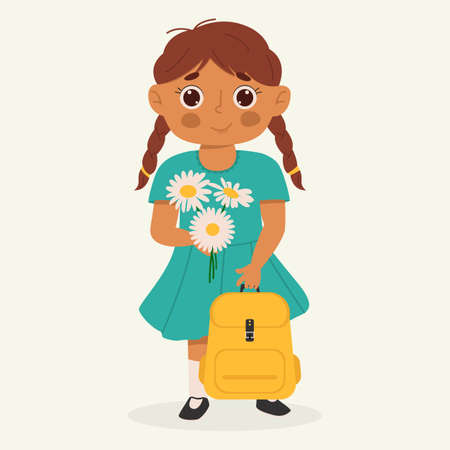 School kid with school supplies. Kid with backpack and book. Colorful cartoon character. Flat vector illustration.のイラスト素材